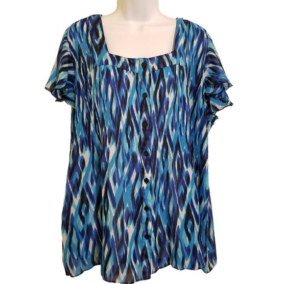 Serenade VTG Blouse Women's 3X Stretch Crinkle Short Sleeve  Square Neck Button - Picture 3 of 8